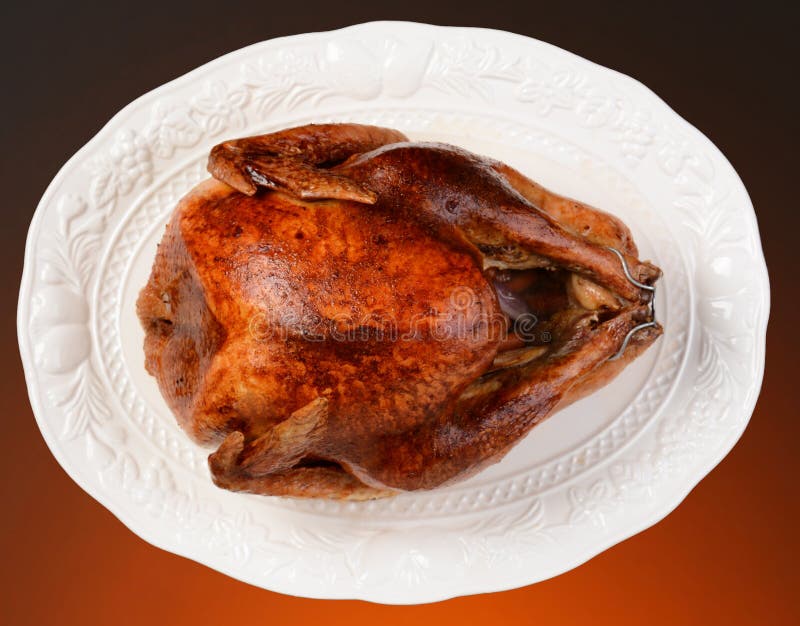 Tacksägelse Turkiet på uppläggningsfatet. Fast utgift av en grillad tacksägelsekalkon på ett vitt uppläggningsfat. Horisontalformat på ett ljus till mörk varm bakgrund.