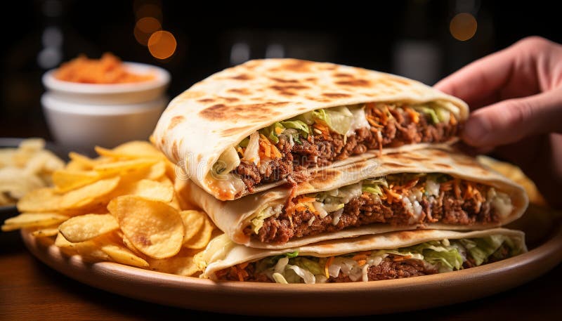 Taco de carne asada en pan plano guacamol fresco y salsa picante generada por ai. Taco de carne asada en pan plano guacamol fresco y salsa picante generados por la inteligencia artificial ai generada