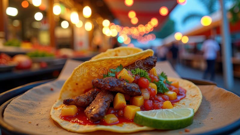 Taco delicios de stradă cu mango salsa și var la grătar pe piața exterioară vibrantă royalty free stock image
