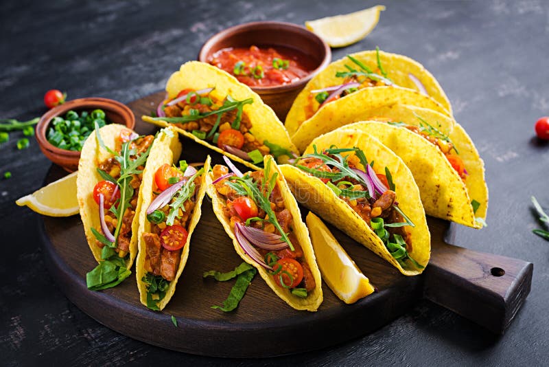 Taco. Mexican Tacos with Beef Meat, Corn and Salsa Stock Image Image