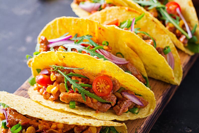 Taco. Mexican Tacos with Beef Meat, Corn and Salsa Stock Photo Image