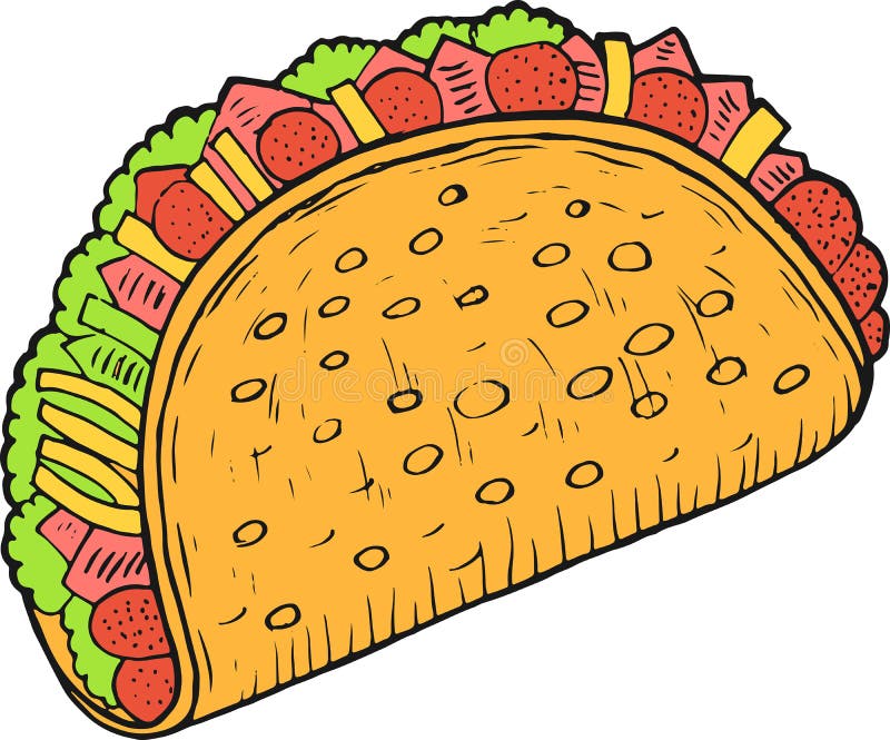 Taco mexicano do alimento - esboço colorido Arte finala da tinta Arte gr?fica dos desenhos animados da garatuja Ilustra??o do vet ilustração royalty free Taco mexicano do alimento - esboço colorido Arte finala da tinta Arte gr?fica dos desenhos animados da garatuja Ilustra??o do vet ilustração royalty free