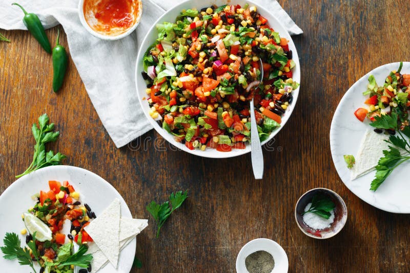 Taco salad on wooden table top view Dinner table royalty free stock photo Taco salad on wooden table top view Dinner table royalty free stock photo
