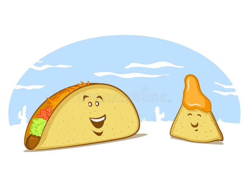 Mexican Food Cartoon with a Taco and a Nacho.