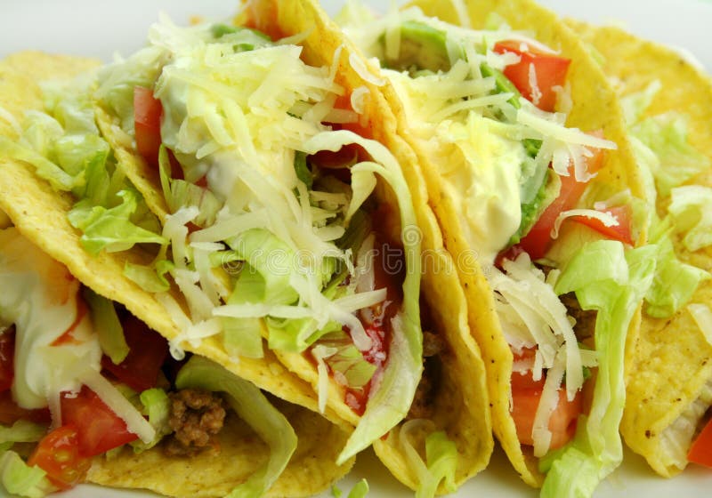 Delicious beef tacos with beef, lettuce, tomato salsa, avocado, grated cheese and sour cream. Delicious beef tacos with beef, lettuce, tomato salsa, avocado, grated cheese and sour cream.