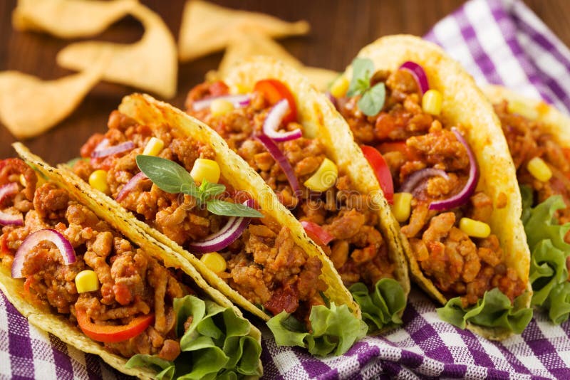 Tacos with Meat and Vegetables on Wooden Board Stock Photo - Image of ...