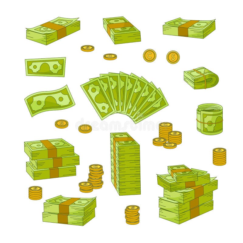 Tacos, pilas, rollos de los billetes de banco del dólar y monedas ilustración del vector Tacos, pilas, rollos de los billetes de banco del dólar y monedas ilustración del vector