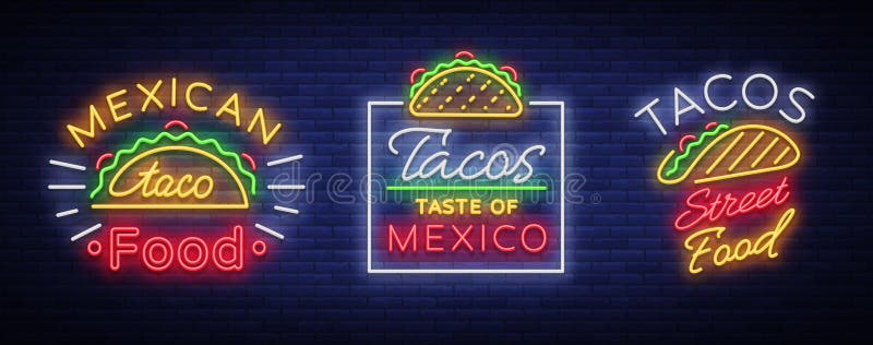 Tacos ustawiający stylów logowie Kolekcja neonowi znaki, ilustracja wektor Tacos ustawiający stylów logowie Kolekcja neonowi znaki, ilustracja wektor