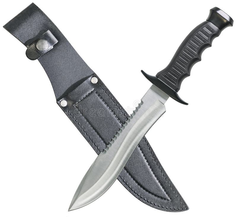 Tactical Combat Hunting Survival Bowie Knife With Black Leather Sheath Isolated On White Background