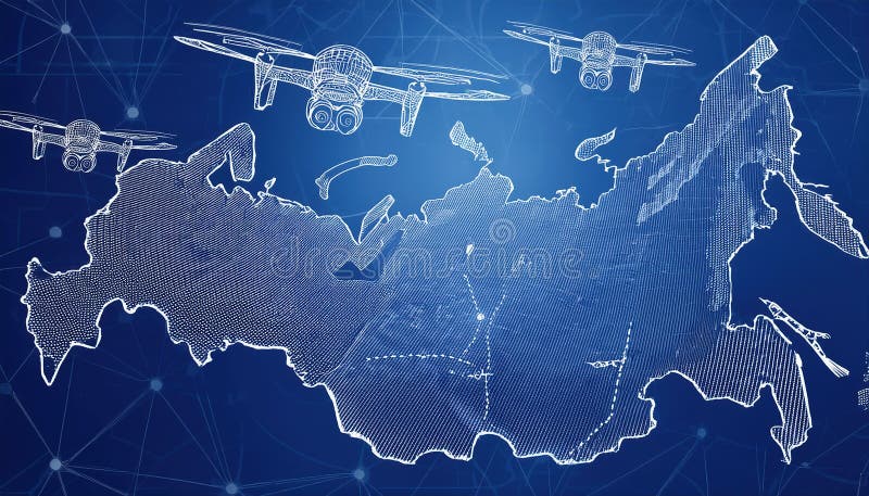 Tactical overview of fixed wing drones conducting surveillance over a wireframe map of Russia on a blue background royalty free stock image