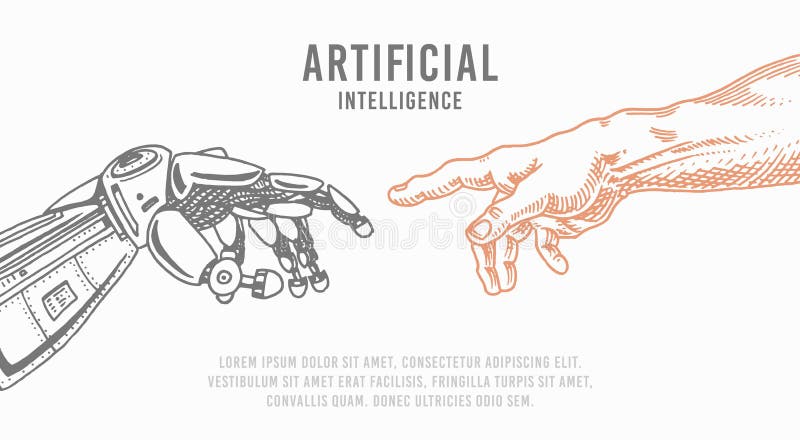 Tacto de la mano Android y humano Bandera de la inteligencia artificial Cartel biónico del brazo Tecnología futura Vintage grabad libre illustration Tacto de la mano Android y humano Bandera de la inteligencia artificial Cartel biónico del brazo Tecnología futura Vintage grabad libre illustration