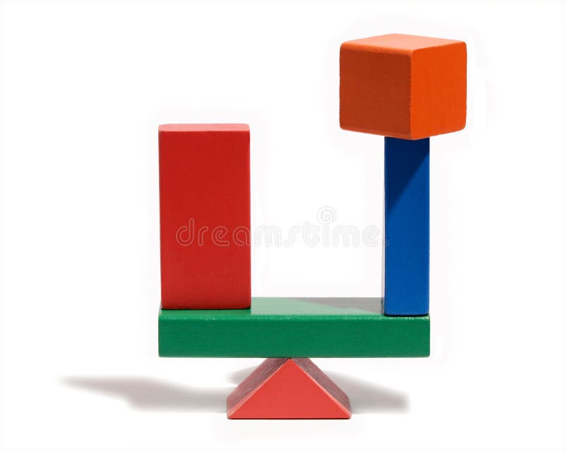 Perfectly balanced wooden blocks of different geometric shapes making up a pivot and cross bar with two different loads. Perfectly balanced wooden blocks of different geometric shapes making up a pivot and cross bar with two different loads