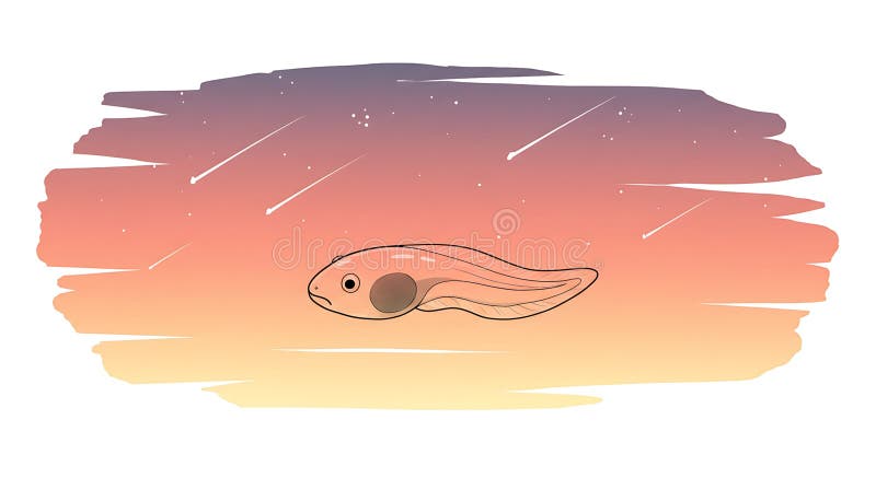 This whimsical illustration features a stylized tadpole against a backdrop of shooting stars and a gradient sunset sky. The image evokes a sense of wonder and imagination with soft colors and a peaceful mood. Tadpole cute illustrations