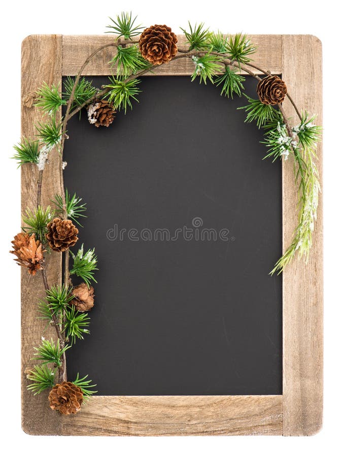 Tafel mit Holzrahmen- und Weihnachtsdekoration stockfotografie Tafel mit Holzrahmen- und Weihnachtsdekoration stockfotografie