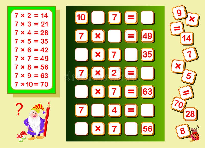 Tafel van vermenigvuldiging door 7 voor jonge geitjes Vind plaatsen voor dalende aantallen en schrijf hen Onderwijspagina voor wi stock illustratie Tafel van vermenigvuldiging door 7 voor jonge geitjes Vind plaatsen voor dalende aantallen en schrijf hen Onderwijspagina voor wi stock illustratie