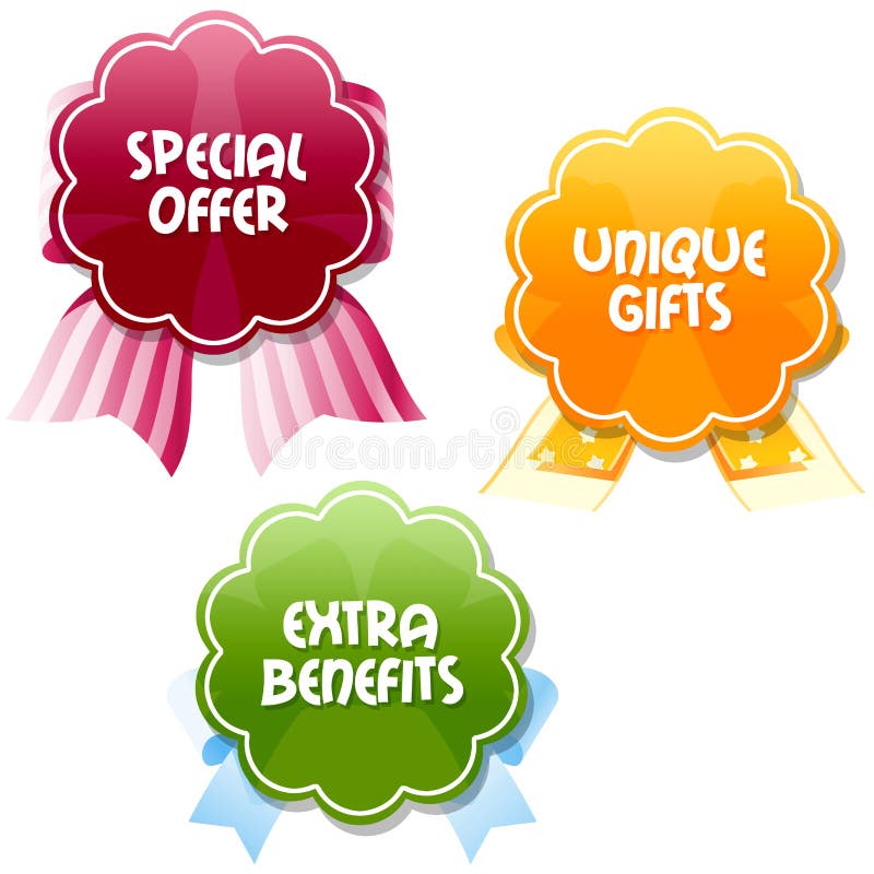 Three special emblems encourage to meet: Special offers Unique gifts Extra Benefits. Three special emblems encourage to meet: Special offers Unique gifts Extra Benefits
