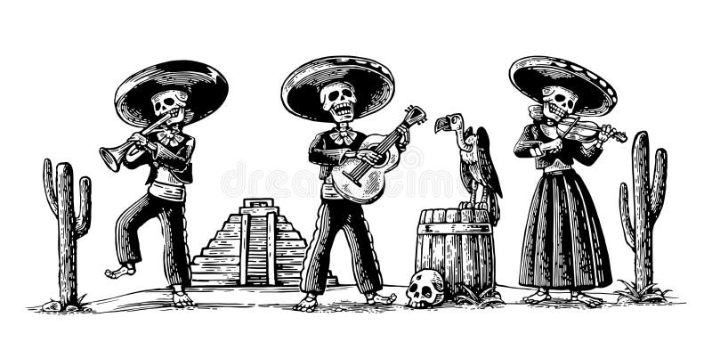 Day of the Dead, Dia de los Muertos. The skeleton in the Mexican national costumes dance, sing and play the guitar, violin, trumpet. Griffin on barrel with skull, cactus.Vector vintage engraving. Day of the Dead, Dia de los Muertos. The skeleton in the Mexican national costumes dance, sing and play the guitar, violin, trumpet. Griffin on barrel with skull, cactus.Vector vintage engraving