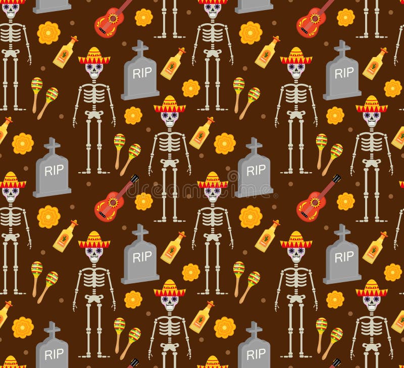 Tag des toten Feiertags in nahtlosem Muster Mexikos mit den Zuckerschädeln stock abbildung Tag des toten Feiertags in nahtlosem Muster Mexikos mit den Zuckerschädeln stock abbildung