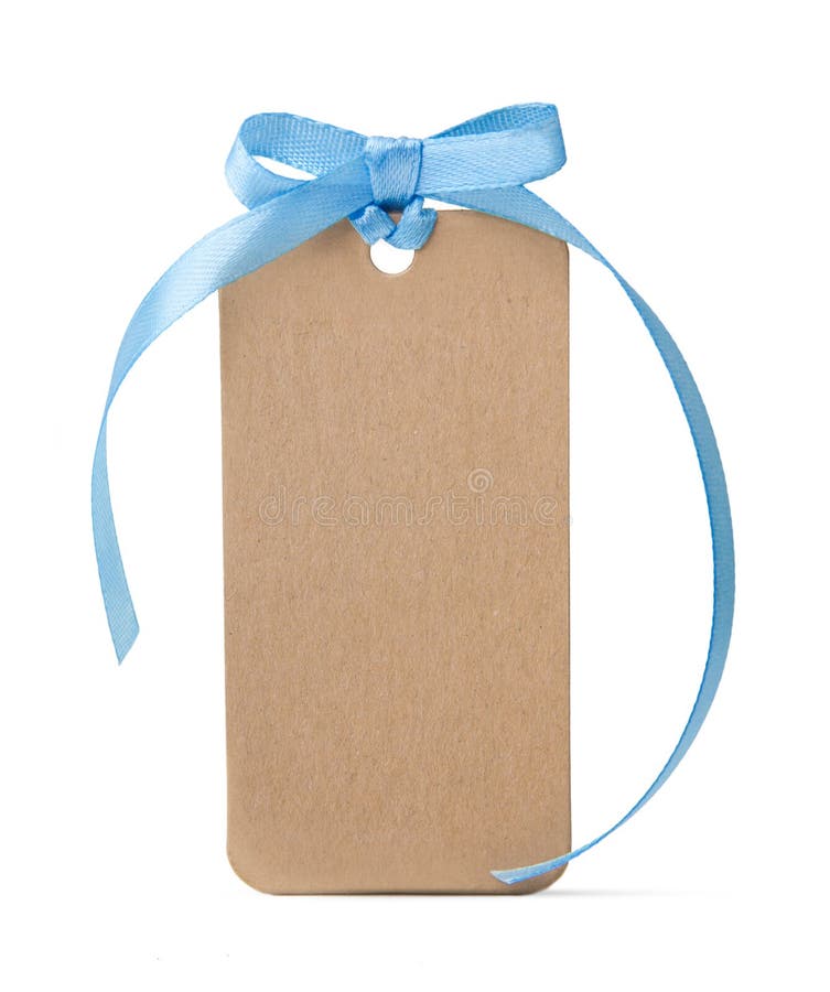 Tag label with blue ribbon bow isolated