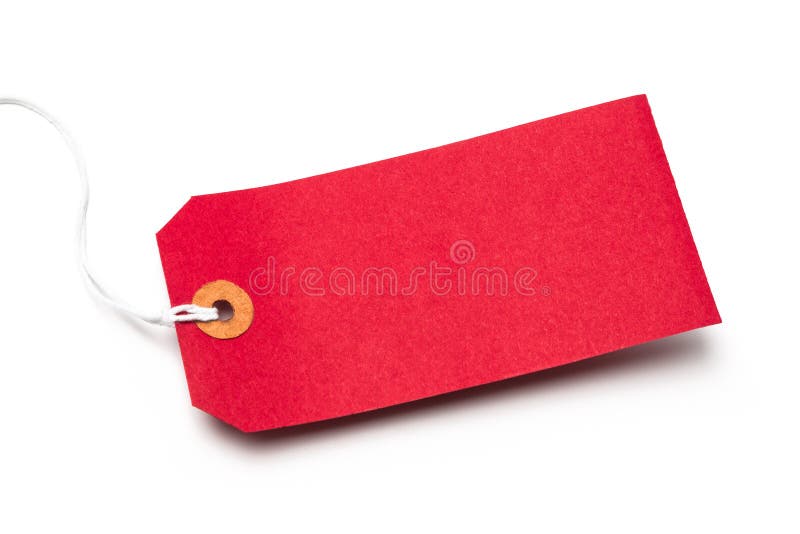 Red cardboard or paper luggage tag with string and shadow, isolated on a white background. Red cardboard or paper luggage tag with string and shadow, isolated on a white background