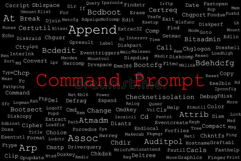 Tagcloud made of Command Prompt commands randomly placed on a black background stock illustration