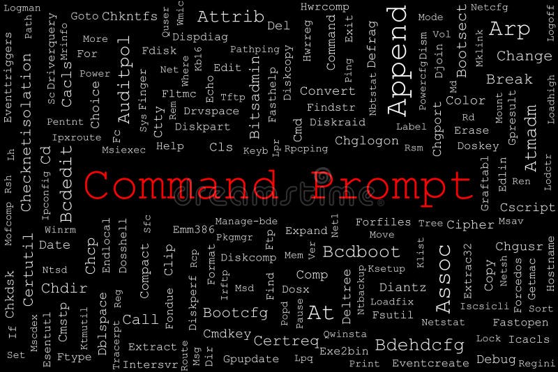 Tagcloud made of Command Prompt commands randomly placed on a black background stock illustration