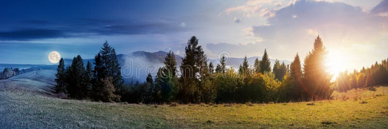 Day and night time change concept of foggy autumn panorama. spruce trees on the meadow beneath a sun and moon. mountain behind the mist. cloud inversion natural phenomenon observed from the side. Day and night time change concept of foggy autumn panorama. spruce trees on the meadow beneath a sun and moon. mountain behind the mist. cloud inversion natural phenomenon observed from the side