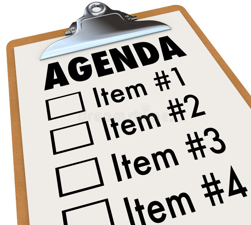 The word Agenda on a numbered list of things to do or cover, held on a clipboard, serving as a schedule for a meeting or gathering. The word Agenda on a numbered list of things to do or cover, held on a clipboard, serving as a schedule for a meeting or gathering
