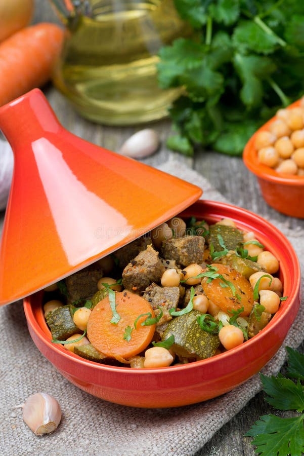 Tagine with Beef, Chickpeas and Vegetables, Closeup Stock Photo