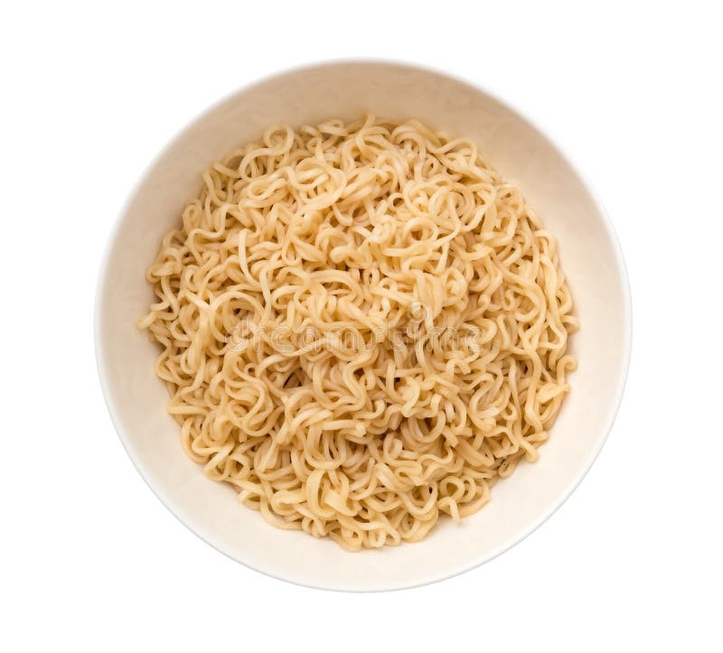 Tagliatella istantanea matura nella vista superiore della ciotola ceramica isolata su fondo bianco, percorso fotografie stock libere da diritti Tagliatella istantanea matura nella vista superiore della ciotola ceramica isolata su fondo bianco, percorso fotografie stock libere da diritti