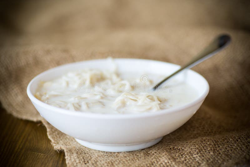 Tagliatelle dolci casalinghe con latte in un piatto immagini stock libere da diritti Tagliatelle dolci casalinghe con latte in un piatto immagini stock libere da diritti