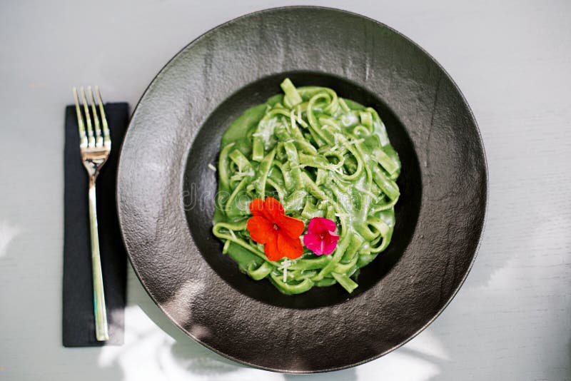 Tagliatelle with Green Basil Pesto Stock Photo Image of seasoning