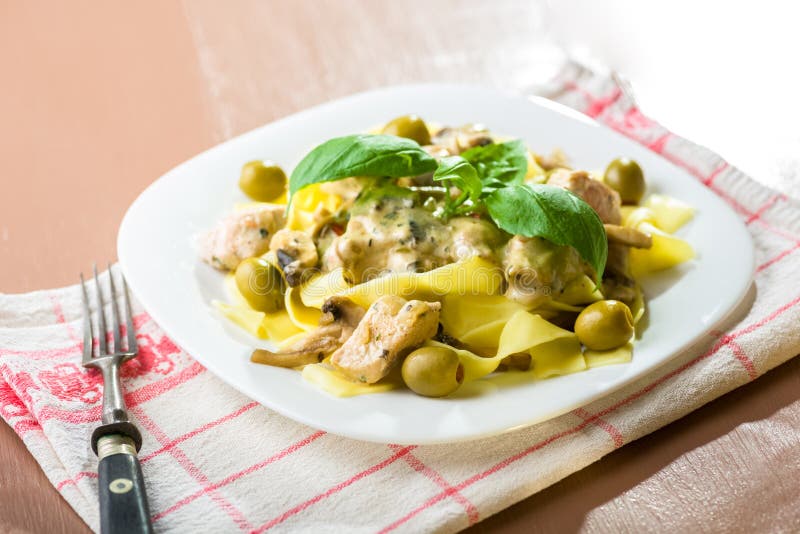 Tagliatelle Pasta with Chicken and Mushrooms Stock Photo - Image of