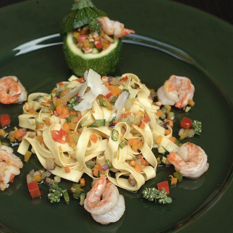 Tagliatelle Pasta with Shrimps and Vegetables Stock Photo Image of
