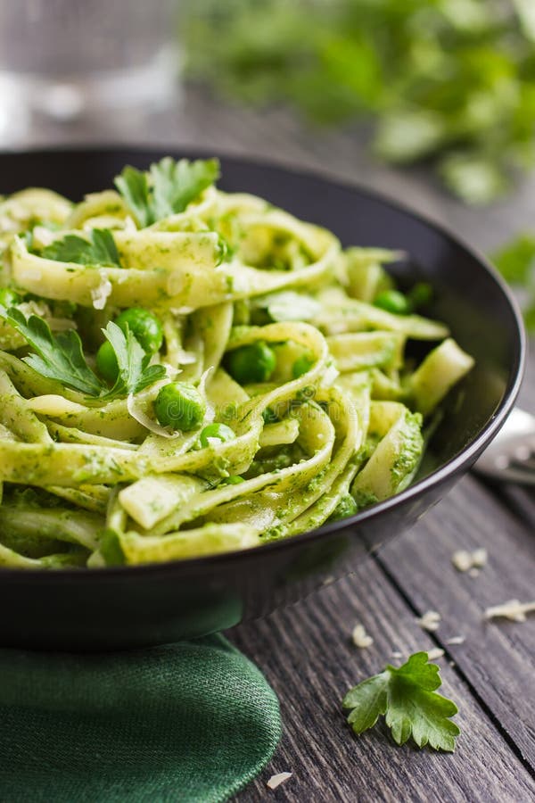 Tagliatelle Pasta with Spinach and Green Peas Pesto Stock Image Image