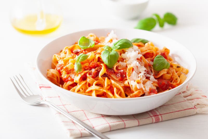 Tagliatelle Pasta with Tomato Sauce Parmesan Basil Stock Photo Image