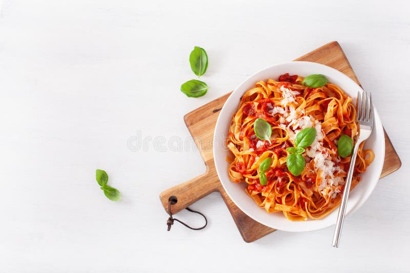 Tagliatelle Pasta with Tomato Sauce Parmesan Basil Stock Image Image