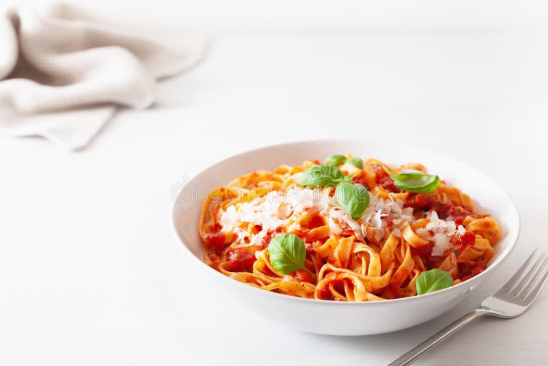 Tagliatelle Pasta with Tomato Sauce Parmesan Basil Stock Image Image