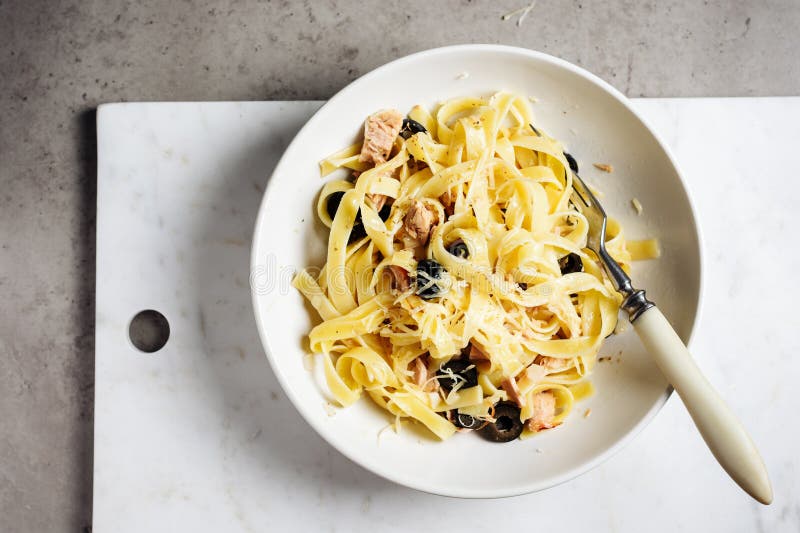 Tagliatelle Pasta with Tuna, Olives and Cheese Stock Photo Image of