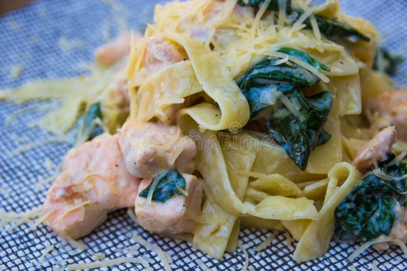Tagliatelle with Salmon and Spinach. Italian Pasta Stock Photo Image
