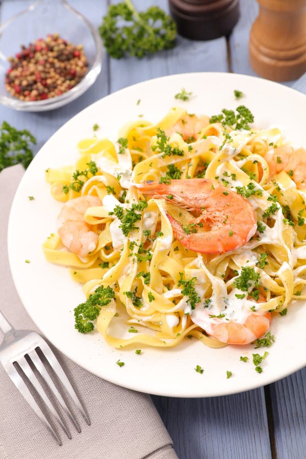 Tagliatelle with shrimp stock image. Image of pasta, dinner 84386727