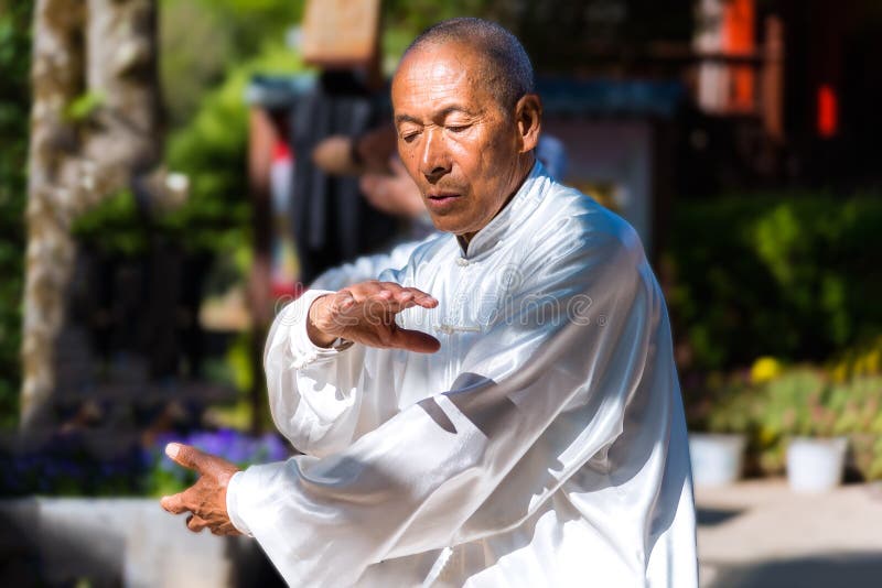 Tai Chi-Meister in Jade Spring Park in Lijiang, China lizenzfreies stockbild Tai Chi-Meister in Jade Spring Park in Lijiang, China lizenzfreies stockbild