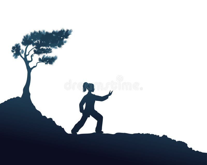 Vector outline illustration of yang woman performs Parting The Wild Horse`s Mane Form of Tai Chi isolated on white background. Vector outline illustration of yang woman performs Parting The Wild Horse`s Mane Form of Tai Chi isolated on white background