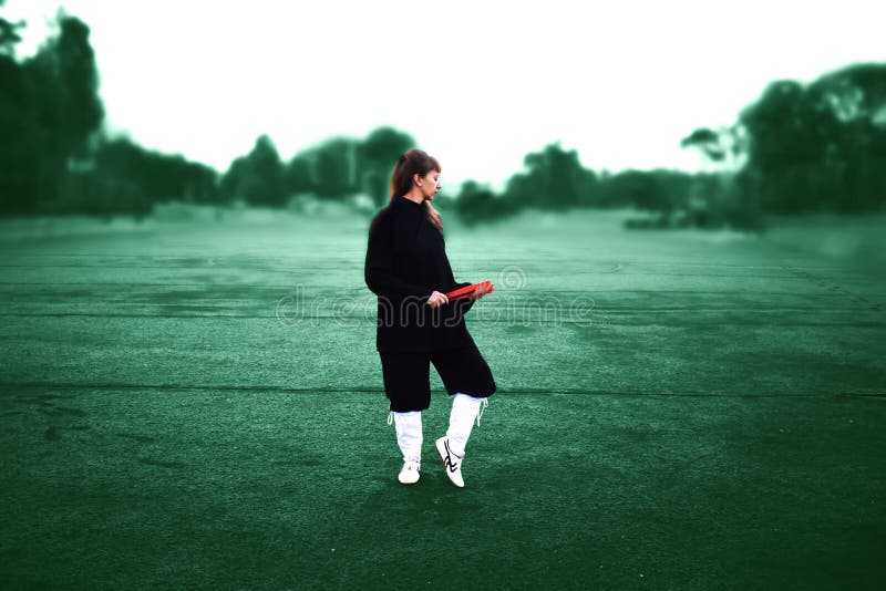 Taichi wushu master woman Outdoors. Qigong class stock images, royalty-free photos and pictures