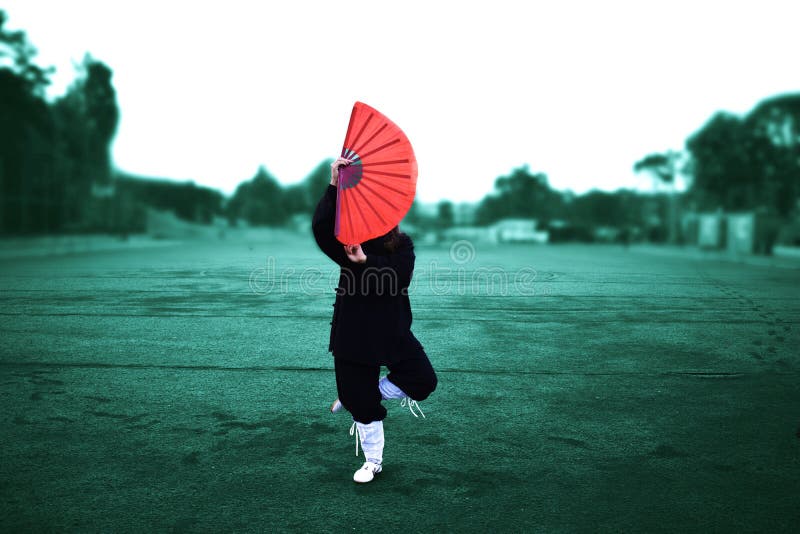 Taichi wushu master woman Outdoors. Qigong class stock images, royalty-free photos and pictures