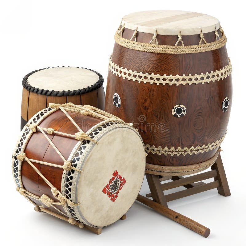 Taiko Drum Trio 3D Render Wooden Japjapansk musikmusikinstrument Taiko Japan vektor illustrationer