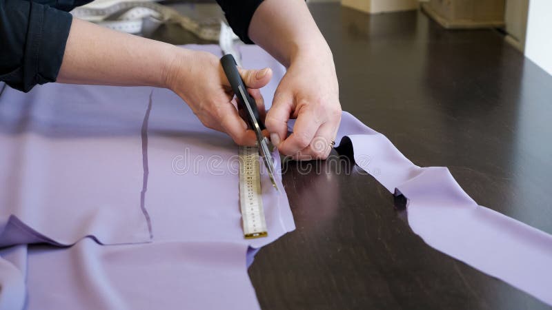 Tailor Cuts Cloth Uses Scissors Follow Chalk Markings of Pattern ...