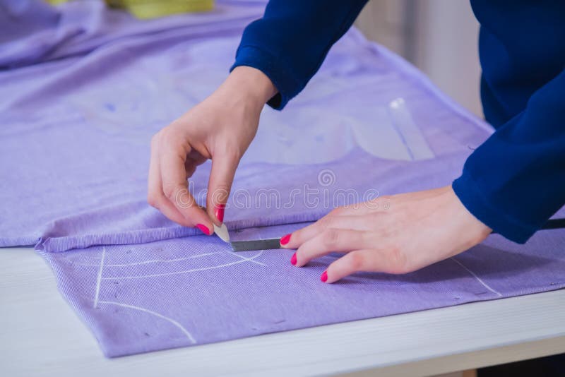 Tailor, Designer Measuring Cloth at Sewing Studio - Close Up View Stock ...