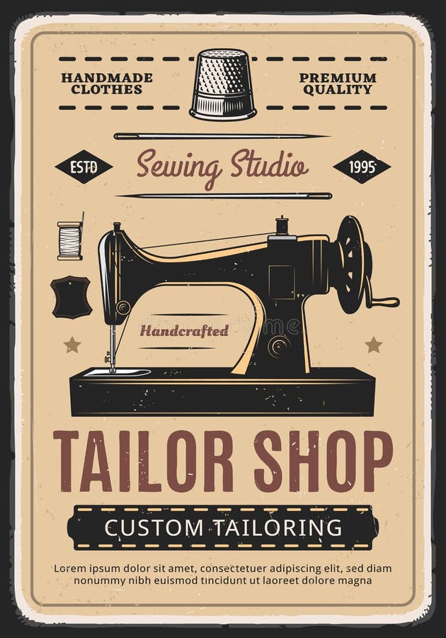 Tailor shop, sewing studio retro vector poster royalty free illustration