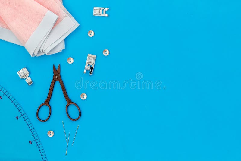 Tailor Work Place with Thread, Scissors, Fabric. Sewing As Hobby. Blue  Background Top View Space for Text Stock Image - Image of fabric, office:  136748903